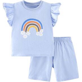 Toddler Girl Summer Short Set Cotton Outfits Rainbow Print Short Sleeves T Shirt Tops and Shorts 2 Piece Sets