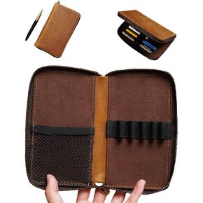 Leather Pencil Case Organizer with Zipper, Portable Pen Case Storage for Drawing Pencils and Markers (coffee)