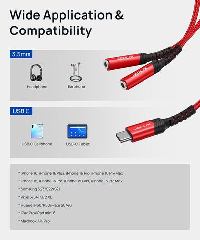محول ميكروفون JSAUX USB C، USB C إلى ثنائي 3.5 ملم أنثى Aux محول صوت جاك Y Splitter Mic Audio، متوافق مع Samsung Galaxy S21/S20، Pixel 4/3/2 XL، Huawei P40/P30 Pro/P20-Red in Kuwait