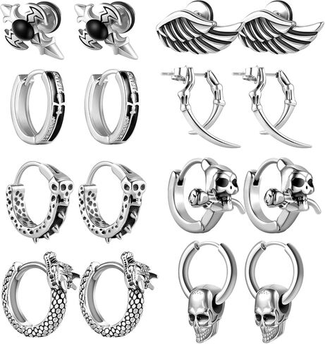 أقراط للرجال والنساء، Funtopia 8 أزواج من الأقراط المصنوعة من الفولاذ المقاوم للصدأ مجموعة أقراط دائرية على الطراز القوطي، أقراط فضية على شكل تنين وجمجمة، مجوهرات ثقب الموضة in Kuwait