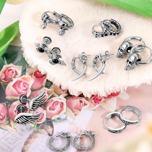 أقراط للرجال والنساء، Funtopia 8 أزواج من الأقراط المصنوعة من الفولاذ المقاوم للصدأ مجموعة أقراط دائرية على الطراز القوطي، أقراط فضية على شكل تنين وجمجمة، مجوهرات ثقب الموضة in Kuwait