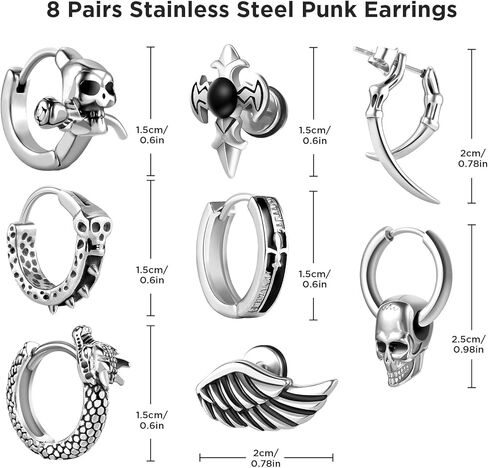 أقراط للرجال والنساء، Funtopia 8 أزواج من الأقراط المصنوعة من الفولاذ المقاوم للصدأ مجموعة أقراط دائرية على الطراز القوطي، أقراط فضية على شكل تنين وجمجمة، مجوهرات ثقب الموضة in Kuwait