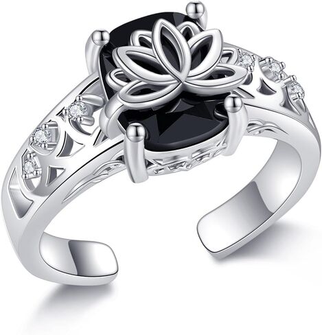 Black Tourmaline Ring 925 Sterling Silver Lotus Adjustable Open Thumb Ring Black Tourmaline Flower Statement Wedding Engagement Jewelry for Women Lotus Lover in Saudi Arabia