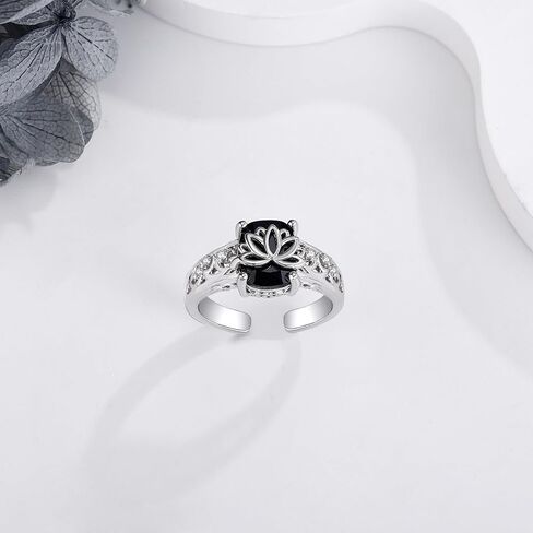 Black Tourmaline Ring 925 Sterling Silver Lotus Adjustable Open Thumb Ring Black Tourmaline Flower Statement Wedding Engagement Jewelry for Women Lotus Lover in Saudi Arabia