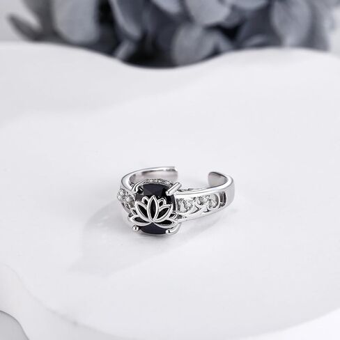 Black Tourmaline Ring 925 Sterling Silver Lotus Adjustable Open Thumb Ring Black Tourmaline Flower Statement Wedding Engagement Jewelry for Women Lotus Lover in Saudi Arabia