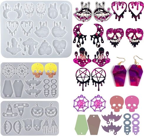 3 قطع من قالب السيليكون لحلق الهالوين مع فتحة 34 تجاويف جمجمة اليقطين الخفافيش التابوت شبح قطرة الدم القمر القلب مهرجان الديكور سلسلة المفاتيح قلادة راتنجات الايبوكسي قالب صنع المجوهرات أداة in Kuwait
