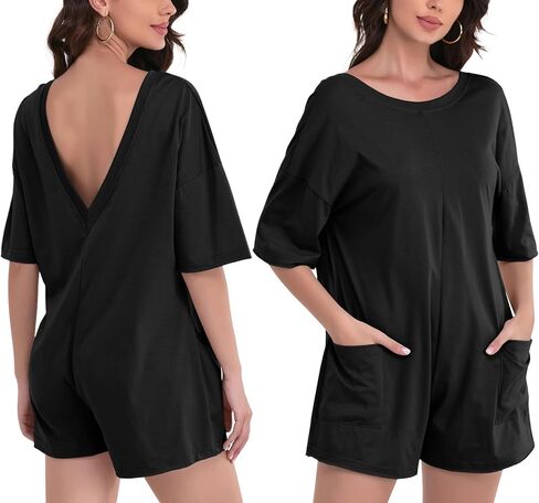 FLORENCE IISA Women's Summer Short Sleeve Romper Casual Reversible Oversized Jumpsuit Overall Hot Shot Tee Romper with Pocket in Kuwait