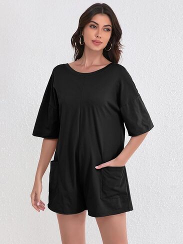 FLORENCE IISA Women's Summer Short Sleeve Romper Casual Reversible Oversized Jumpsuit Overall Hot Shot Tee Romper with Pocket in Kuwait