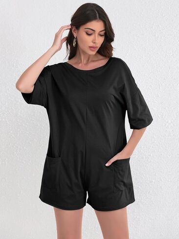 FLORENCE IISA Women's Summer Short Sleeve Romper Casual Reversible Oversized Jumpsuit Overall Hot Shot Tee Romper with Pocket in Kuwait