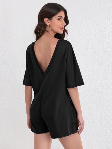 FLORENCE IISA Women's Summer Short Sleeve Romper Casual Reversible Oversized Jumpsuit Overall Hot Shot Tee Romper with Pocket in Kuwait