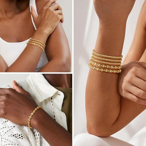 Wowshow Gold Bracelets for Women Strand Gold Beaded Bracelets for Women Gold Bracelet Stack 14K Gold Plated Stackable Bead Ball Bracelet Sets Jewelry Gifts for Women in Saudi Arabia