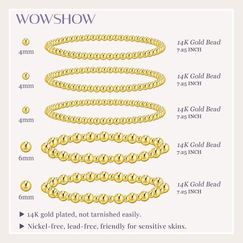 Wowshow Gold Bracelets for Women Strand Gold Beaded Bracelets for Women Gold Bracelet Stack 14K Gold Plated Stackable Bead Ball Bracelet Sets Jewelry Gifts for Women in Saudi Arabia