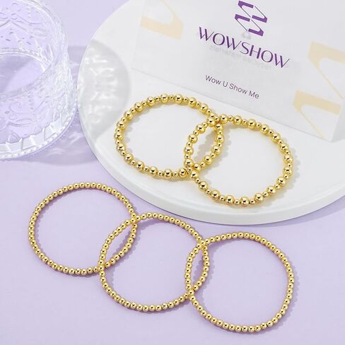 Wowshow Gold Bracelets for Women Strand Gold Beaded Bracelets for Women Gold Bracelet Stack 14K Gold Plated Stackable Bead Ball Bracelet Sets Jewelry Gifts for Women in Saudi Arabia