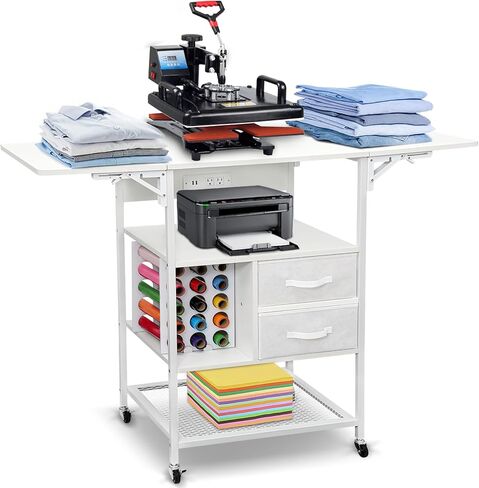 طاولة ضغط حراري متحركة من 4 طبقات، حامل آلة نقل الحرارة قابل للطي مع أدراج، حامل ضغط حراري مع محطة شحن، منضدة عمل شديدة التحمل لآلة نقل التسامي بنفسك in Kuwait