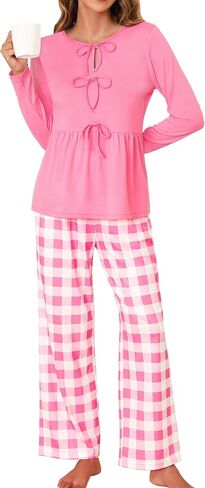 Blooming Jelly Womens 2 Piece Pajama Sets Bow Knot Lounge Sets Outfits Soft Pj Sets Pockets Plaid Pants and Peplum top in Saudi Arabia