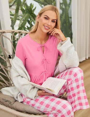 Blooming Jelly Womens 2 Piece Pajama Sets Bow Knot Lounge Sets Outfits Soft Pj Sets Pockets Plaid Pants and Peplum top in Saudi Arabia