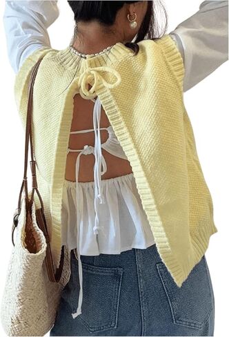 GORGLITTER Women's Open Back Knit Sweater Vest Backless Bow Tie Sleeveless Sweater Tank Tops in Saudi Arabia
