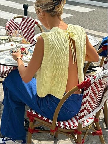 GORGLITTER Women's Open Back Knit Sweater Vest Backless Bow Tie Sleeveless Sweater Tank Tops in Saudi Arabia