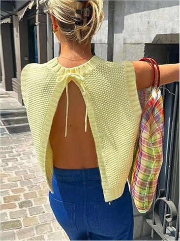 GORGLITTER Women's Open Back Knit Sweater Vest Backless Bow Tie Sleeveless Sweater Tank Tops in Saudi Arabia