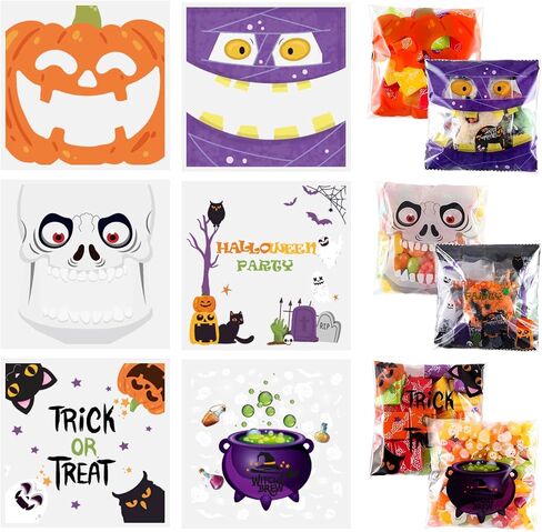 BLEWINDZ 300 Pieces Halloween Treat Bags, Small Halloween Candy Goodie Bags Self Adhesive Clear Cellophane Bags for Kids Halloween Party Favors (6 Style) in Kuwait