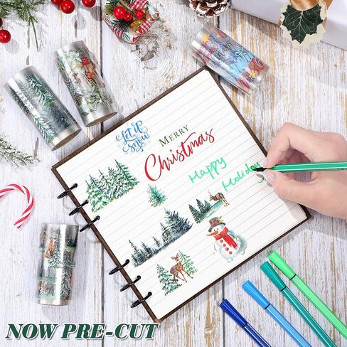 Sayglossy 4 Rolls Winter Christmas Tree Washi Tape Set Merry Christmas Now Pre-Cut Snowman Stickers Greenery Winter Forest Tape Mistletoe Elk Stickers for Scrapbook DIY Craft Gift Wrapping Supplies in Saudi Arabia
