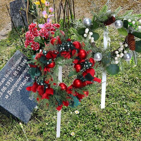 Therwen 2 جهاز كمبيوتر شخصى عيد الميلاد إكليل إكليل حامل إكليل حامل للمقبرة في الأرض علامة إكليل إكليل شماعات لعيد الميلاد التذكاري يوم قبر الديكور، أبيض in Kuwait