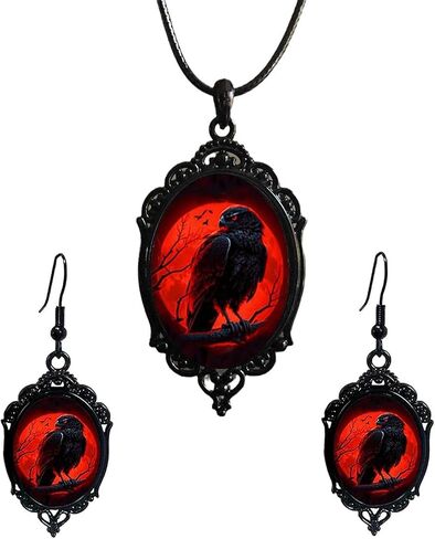 Halloween Earrings Necklace Set Gothic Raven Earrings Punk Raven Glass Pendant Necklace Victoria Witch Earrings Necklace Gothic Halloween Jewelry Set Halloween Costume Accessories Jewelry for Women in Saudi Arabia