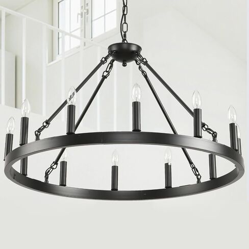 40" Large Wagon Wheel Chandelier Farmhouse,Black Rustic Vintage Chandelier,Industrial Round White Candle Pendant Lighting for High Ceilings Porch Dining Room Kitchen Living Room Foyer in Saudi Arabia