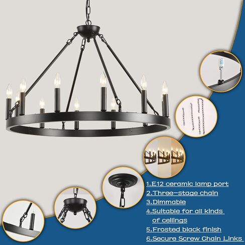 40" Large Wagon Wheel Chandelier Farmhouse,Black Rustic Vintage Chandelier,Industrial Round White Candle Pendant Lighting for High Ceilings Porch Dining Room Kitchen Living Room Foyer in Saudi Arabia