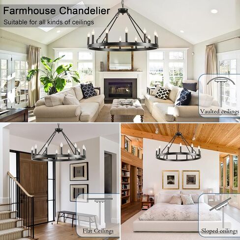 40" Large Wagon Wheel Chandelier Farmhouse,Black Rustic Vintage Chandelier,Industrial Round White Candle Pendant Lighting for High Ceilings Porch Dining Room Kitchen Living Room Foyer in Saudi Arabia