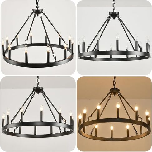 40" Large Wagon Wheel Chandelier Farmhouse,Black Rustic Vintage Chandelier,Industrial Round White Candle Pendant Lighting for High Ceilings Porch Dining Room Kitchen Living Room Foyer in Saudi Arabia