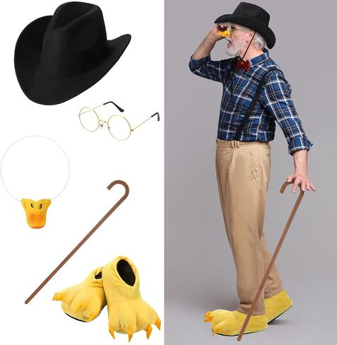 Mepase 5 Pcs Halloween Scrooge Mcduck Costume Accessories Adult Duck Bill Mask Slippers Glasses Hat Walking Cane Cosplay Prop in Saudi Arabia