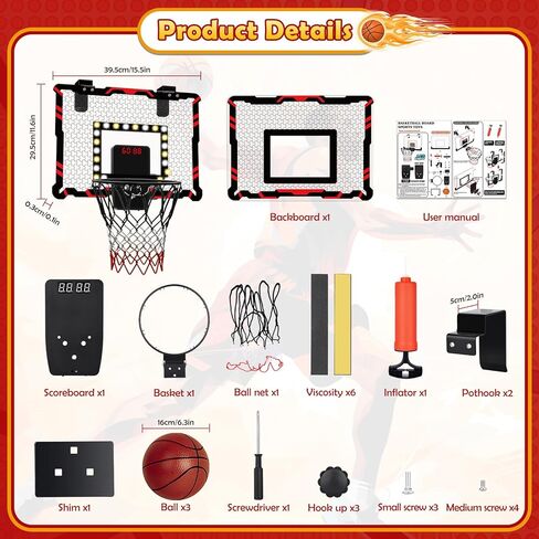 طوق كرة السلة الداخلي LED - ألعاب للأولاد بعمر 5 6 7 8 9 10 11 12 عامًا، غرفة صغيرة فوق الباب لكرة السلة لوحة النتائج الإلكترونية، ألعاب للأولاد للأعمار من 5 إلى 7 8-12، هدايا عيد ميلاد للأولاد المراهقين in Kuwait