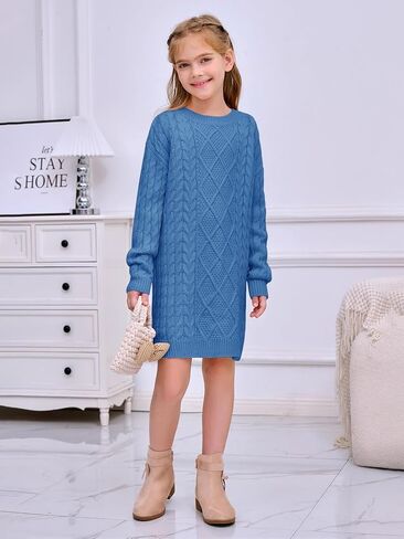 rrhss Girls Cable Knit Long Sleeve Sweater Dress Kids Fashion Fall Tunic Tops Outfits 3-12 Years in Kuwait