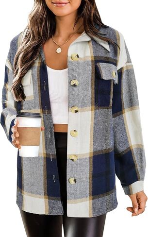 HOTOUCH Flannels for Women Shacket Jacket Fashion Plaid Button Down Shirt with Pocket Cropped 2024 Fall Coat Tops in Saudi Arabia