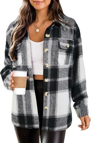 HOTOUCH Flannels for Women Shacket Jacket Fashion Plaid Button Down Shirt with Pocket Cropped 2024 Fall Coat Tops in Saudi Arabia