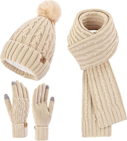 Womens Winter Warm Beanie Hat Long Scarf Touchscreen Gloves Set with Fleece Lined Skull Pom Caps 3 in 1 Set for Gift in Saudi Arabia