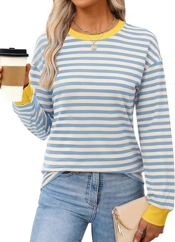 ANRABESS Long Sleeve Shirts for Women Striped Crewneck Loose Fit Tunic Tops 2024 Fall Color Block T-Shirt in Kuwait