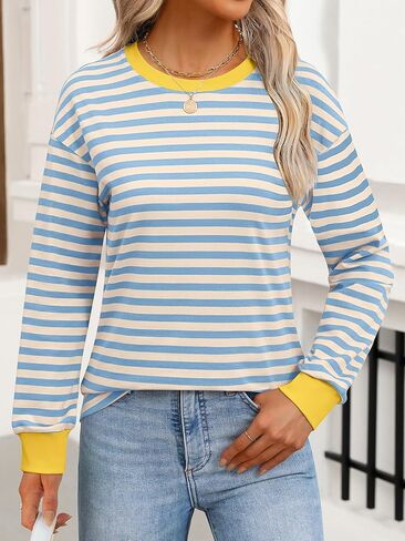 ANRABESS Long Sleeve Shirts for Women Striped Crewneck Loose Fit Tunic Tops 2024 Fall Color Block T-Shirt in Kuwait
