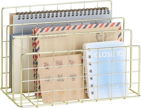 3 Slot Metal Desk Mail Organizer, Mesh Small Large File Magazine Book Record Holders Letter Organizer, Bill/Document/Filing/Folders/Paper Organizer for Desktop (Gold-Large) in Saudi Arabia