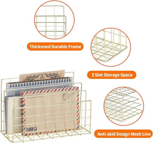 3 Slot Metal Desk Mail Organizer, Mesh Small Large File Magazine Book Record Holders Letter Organizer, Bill/Document/Filing/Folders/Paper Organizer for Desktop (Gold-Large) in Saudi Arabia