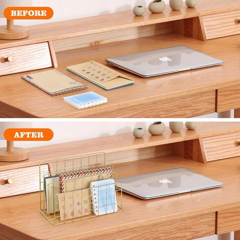 3 Slot Metal Desk Mail Organizer, Mesh Small Large File Magazine Book Record Holders Letter Organizer, Bill/Document/Filing/Folders/Paper Organizer for Desktop (Gold-Large) in Saudi Arabia