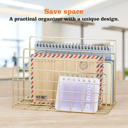 3 Slot Metal Desk Mail Organizer, Mesh Small Large File Magazine Book Record Holders Letter Organizer, Bill/Document/Filing/Folders/Paper Organizer for Desktop (Gold-Large) in Saudi Arabia