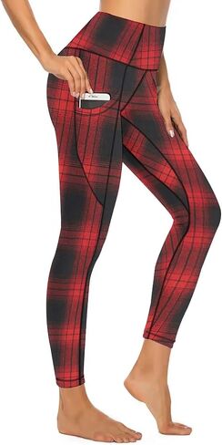 QIVICIMA Womens High Waist Workout Leggings Halloween Christmas Gym Plaid Printed Tummy Control Yoga Pants with Pockets in Kuwait
