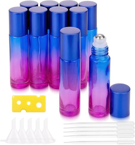 jiuwu 10pcs Roller Bottles 10ml Essential Oil Glass Blue Gradient Blue Screw Cap Bottle with Stainless Steel Roller Ball for Perfume Liquid Cosmetic Travel Vials 1 Opener + 5 Funnels + 5 Droppers in Saudi Arabia