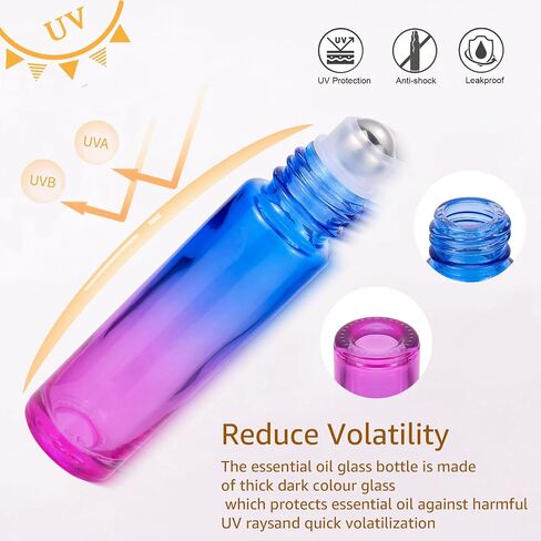 jiuwu 10pcs Roller Bottles 10ml Essential Oil Glass Blue Gradient Blue Screw Cap Bottle with Stainless Steel Roller Ball for Perfume Liquid Cosmetic Travel Vials 1 Opener + 5 Funnels + 5 Droppers in Saudi Arabia
