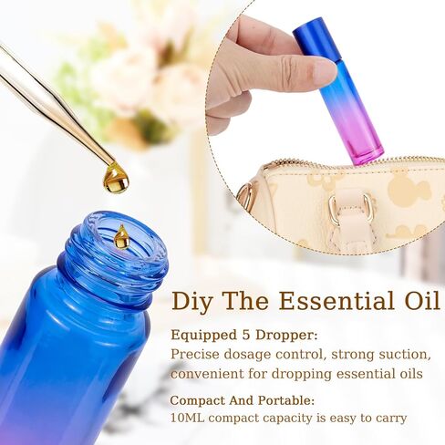 jiuwu 10pcs Roller Bottles 10ml Essential Oil Glass Blue Gradient Blue Screw Cap Bottle with Stainless Steel Roller Ball for Perfume Liquid Cosmetic Travel Vials 1 Opener + 5 Funnels + 5 Droppers in Saudi Arabia
