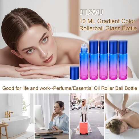 jiuwu 10pcs Roller Bottles 10ml Essential Oil Glass Blue Gradient Blue Screw Cap Bottle with Stainless Steel Roller Ball for Perfume Liquid Cosmetic Travel Vials 1 Opener + 5 Funnels + 5 Droppers in Saudi Arabia