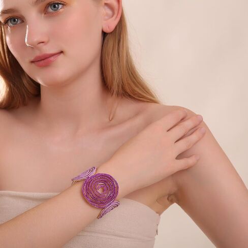 Raffia Spiral Cuff Bracelet for Women, Colorful Swirl Bangle Chunky Bangle Handmade Rattan Statement Bracelet in Saudi Arabia
