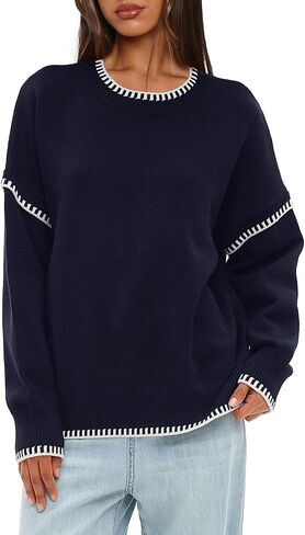 Darong Women's Casual Long Sleeve Crew Neck Pullover Sweater 2024 Fall Knit Loose Contrast Color Sweater Tops in Saudi Arabia